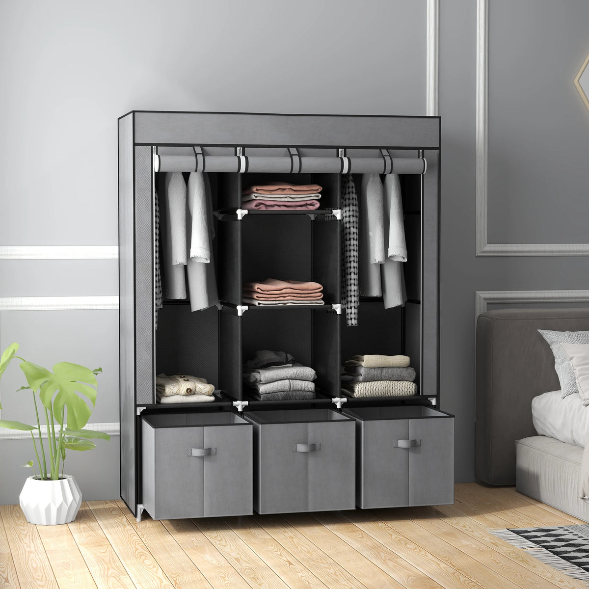 Portable Wardrobe with 5 Shelves, 3 Fabric Drawers and 2 Hanging Rails