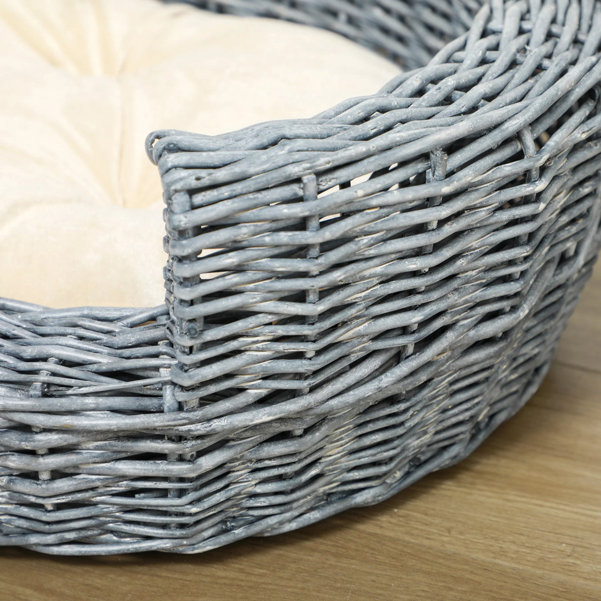 Elevated Wicker Pet Bed 57x46x17.5cm Willow Rattan Basket Sofa with Washable Plush Cushion Grey