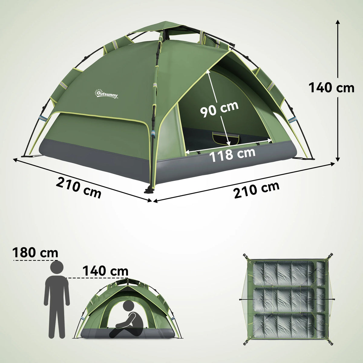 2–3 Person Pop-Up Dome Tent with 2 Doors, Dark Green