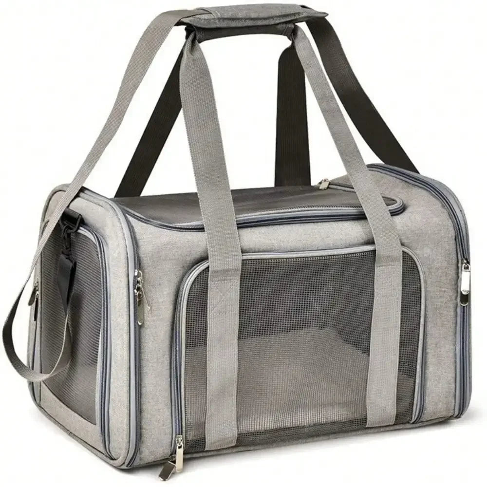 Soft Sided Pet Carrier Bag Foldable Cat and Small Dog Travel Carrier with Shoulder Strap Grey