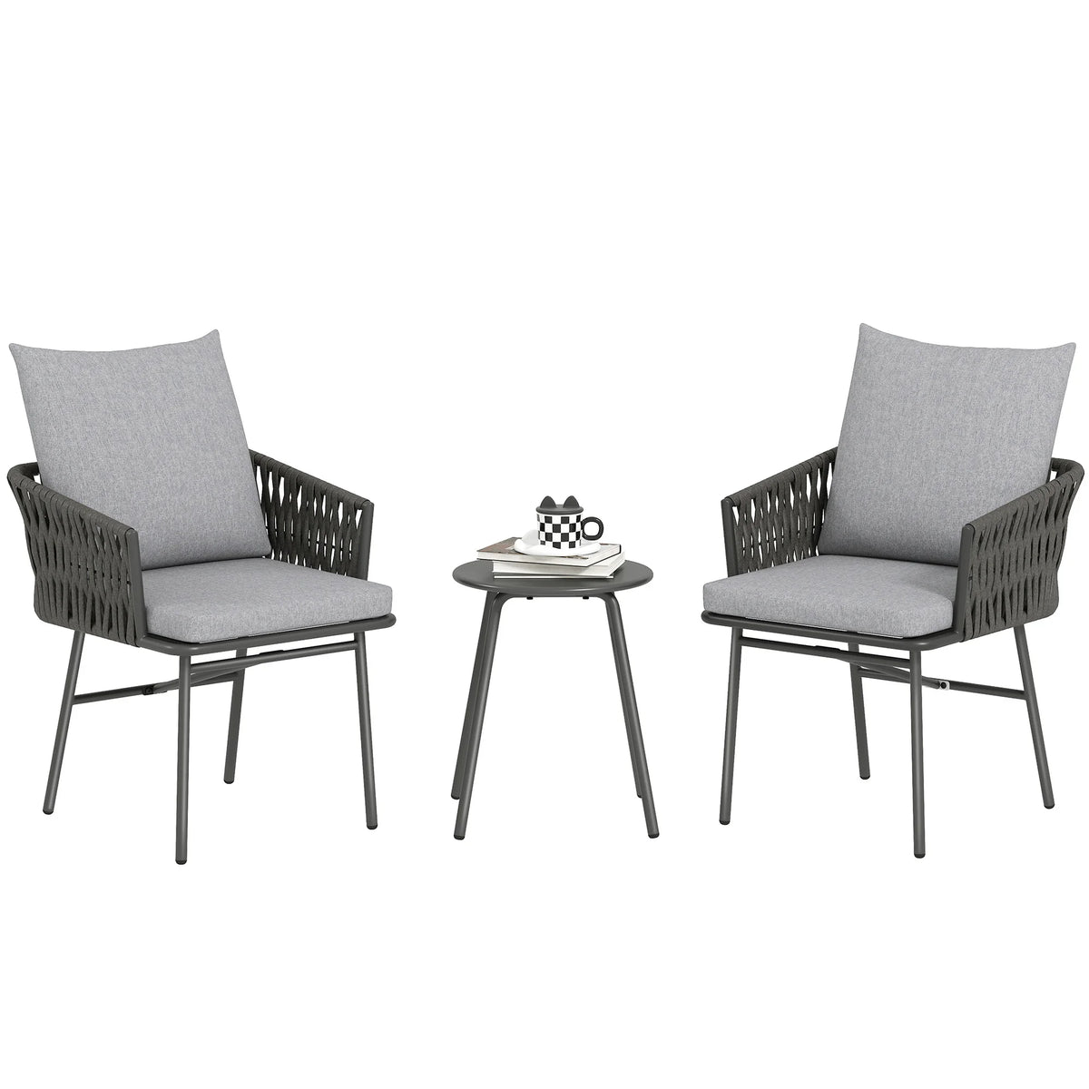 3 Piece Rattan Bistro Set with 4 Cushions, Garden Table and 2 Chairs, Grey