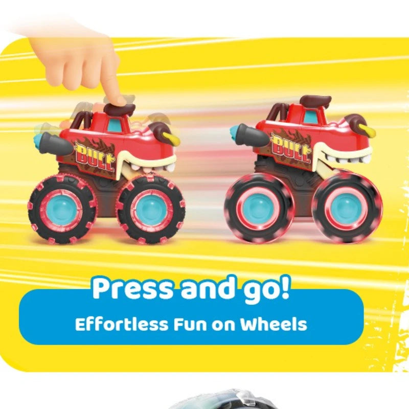 3 Pack Light-Up Monster Truck Toys Push and Go Cars with LED Glowing Wheels Shark Bull and T-Rex for Kids