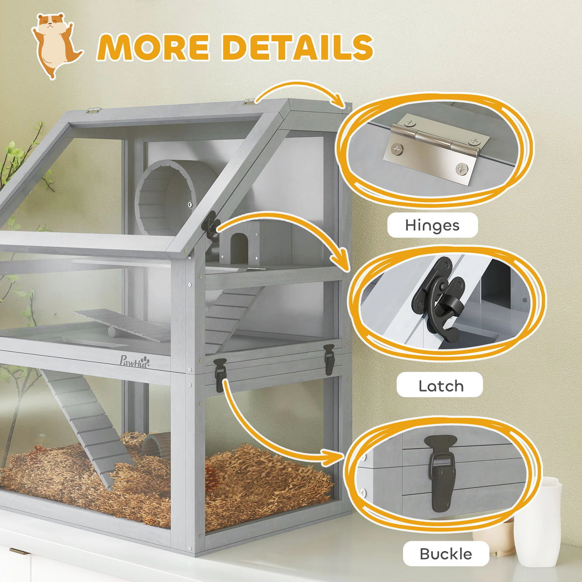 3 Tier Wooden Hamster Cage with 32cm Deep Base Detachable Layers Seesaw Ramp Wheel and Acrylic Panels