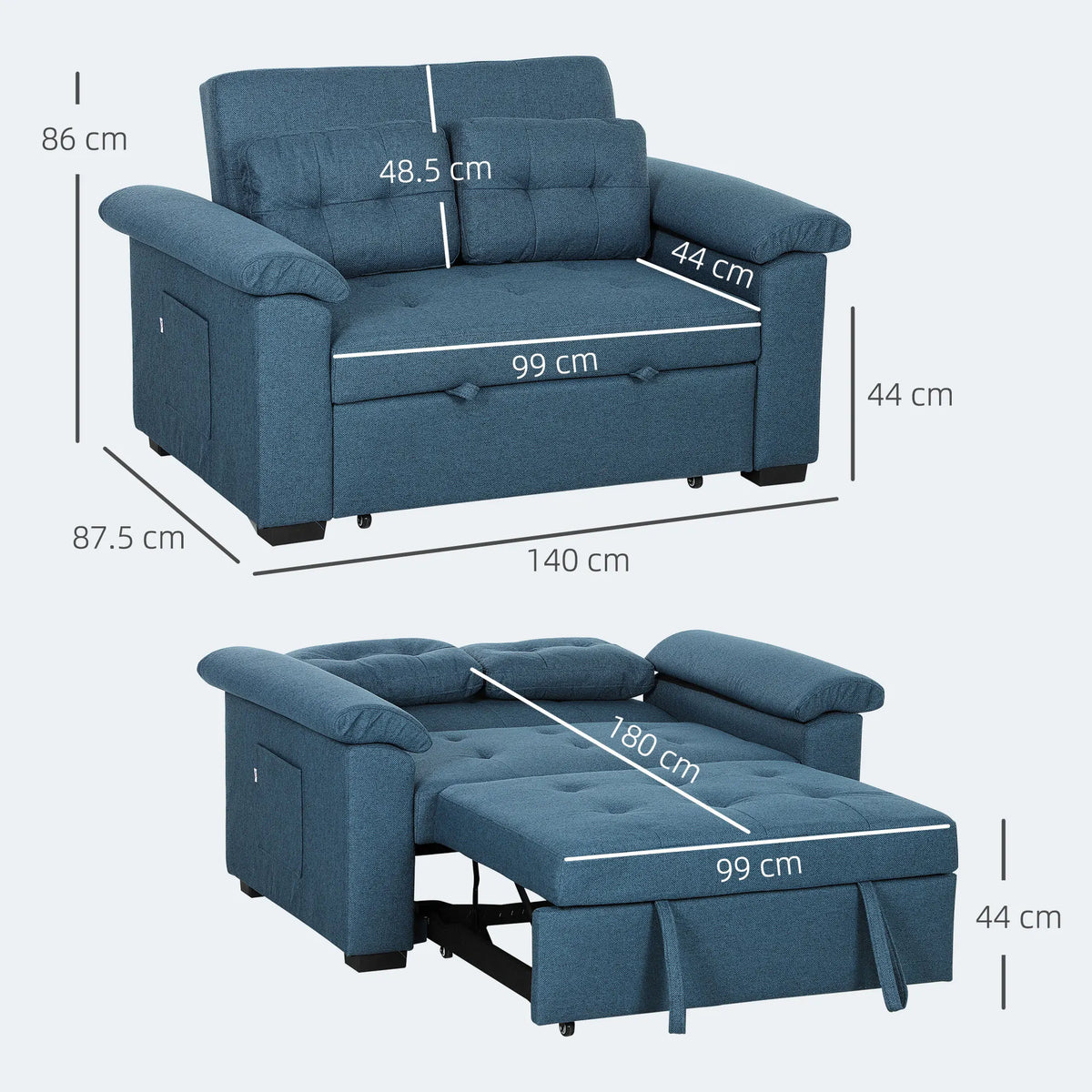 2 Seater Click Clack Sofa Bed with Pocket Springs and Pillows, Blue
