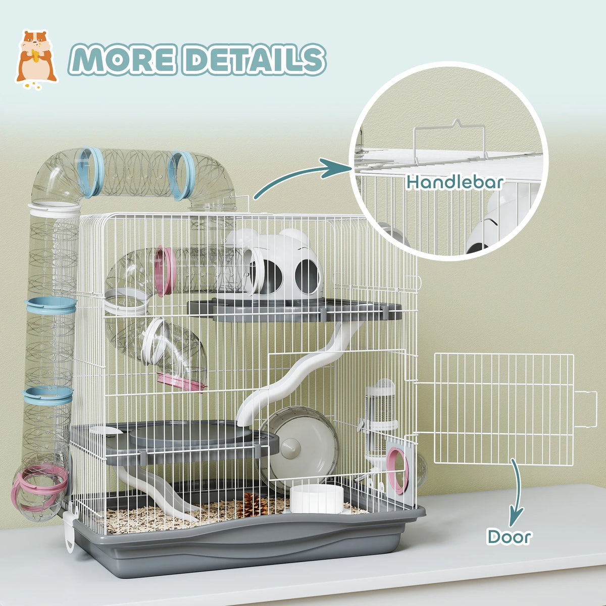 3 Tier Hamster Cage 45x30x45cm with 14 Tubes Exercise Wheel and 9cm Deep Base for Dwarf Hamsters Grey