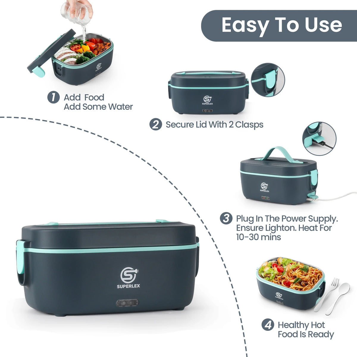 6-in-1 Electric Lunch Box 70W Heated Food Container with Leakproof Design Removable Stainless Steel Liner and Car and Home Charging