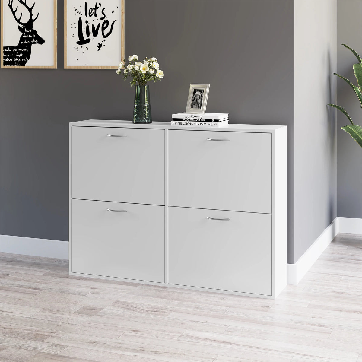 Wooden Shoe Cabinet with 4 Flip Down Drawers, Holds 16-24 Pairs, 120 x 24 x 81 cm, White