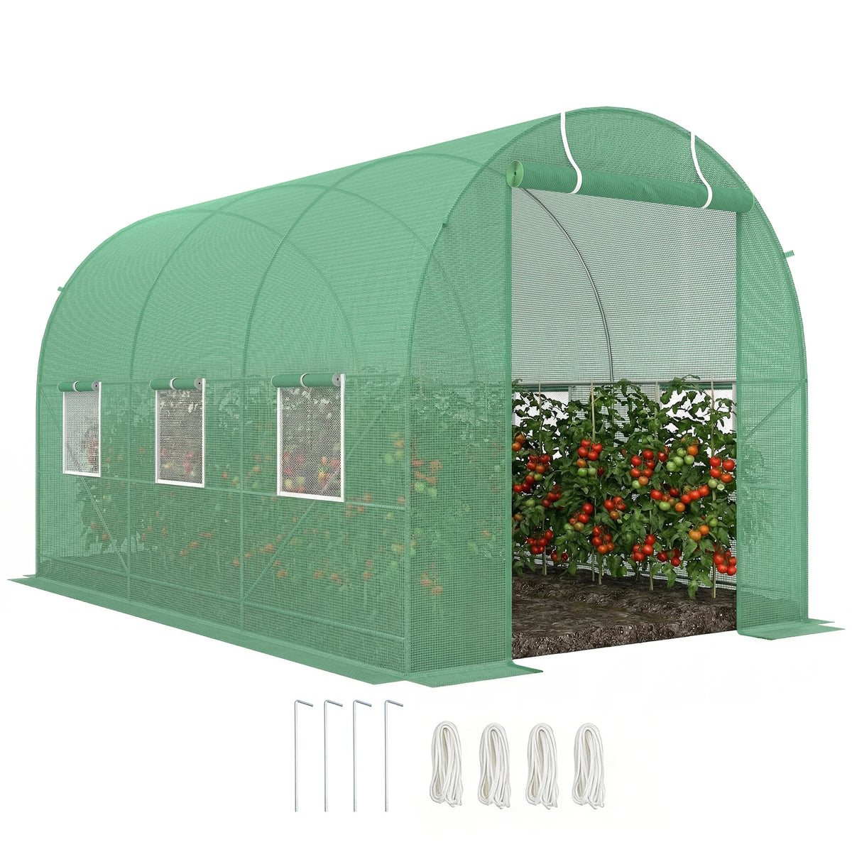 Walk In Polytunnel Greenhouse 3.5x2m with Steel Frame Metal Support Rods Roll Up Door and Mesh Windows Green
