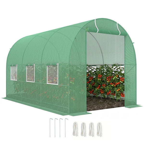 Walk In Polytunnel Greenhouse 3.5x2m with Steel Frame Metal Support Rods Roll Up Door and Mesh Windows Green