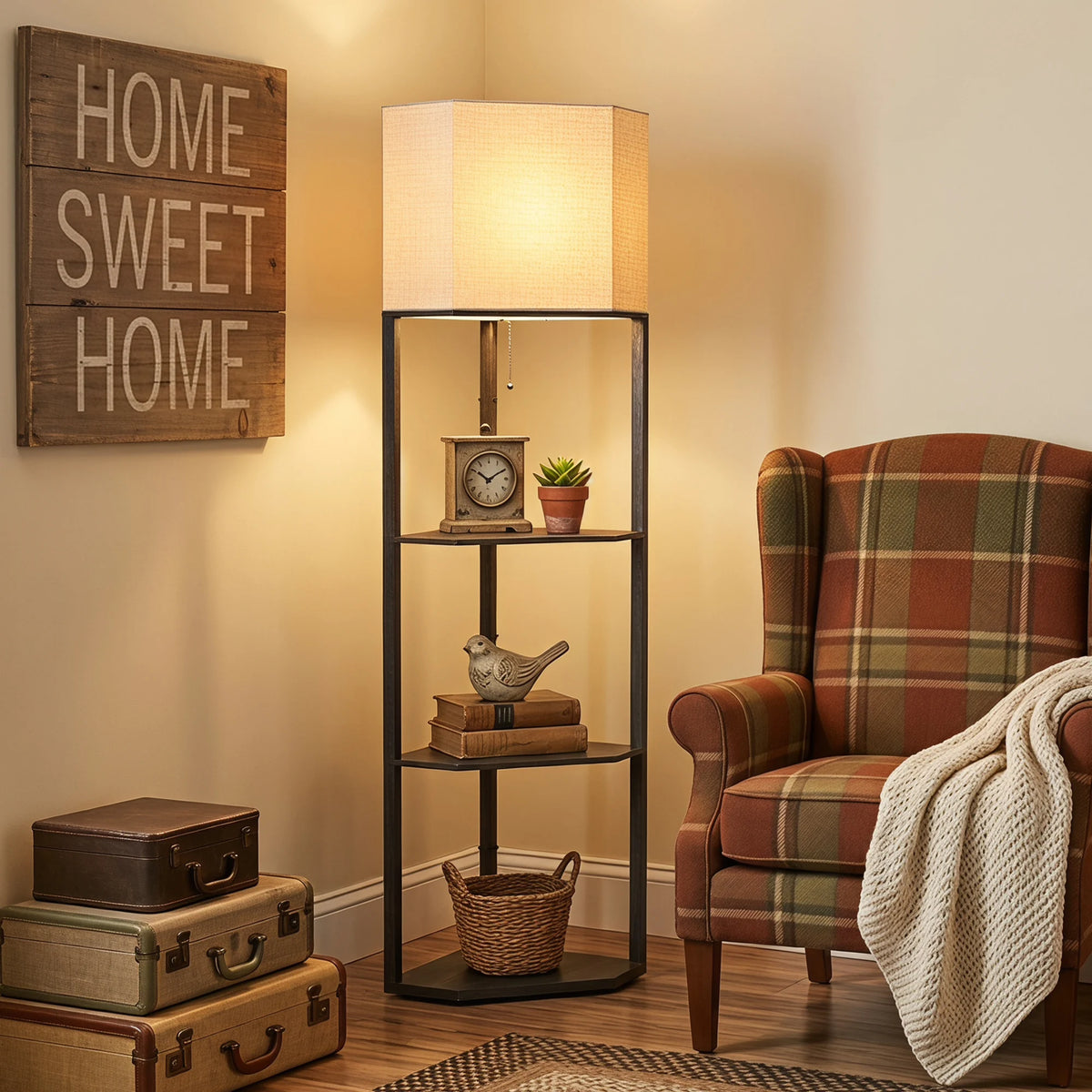 Corner Floor Lamp with 3 Shelves and Fabric Shade, Black