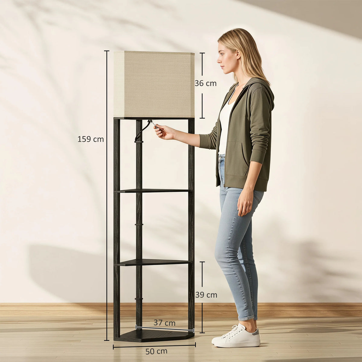 Corner Floor Lamp with 3 Shelves and Fabric Shade, Black
