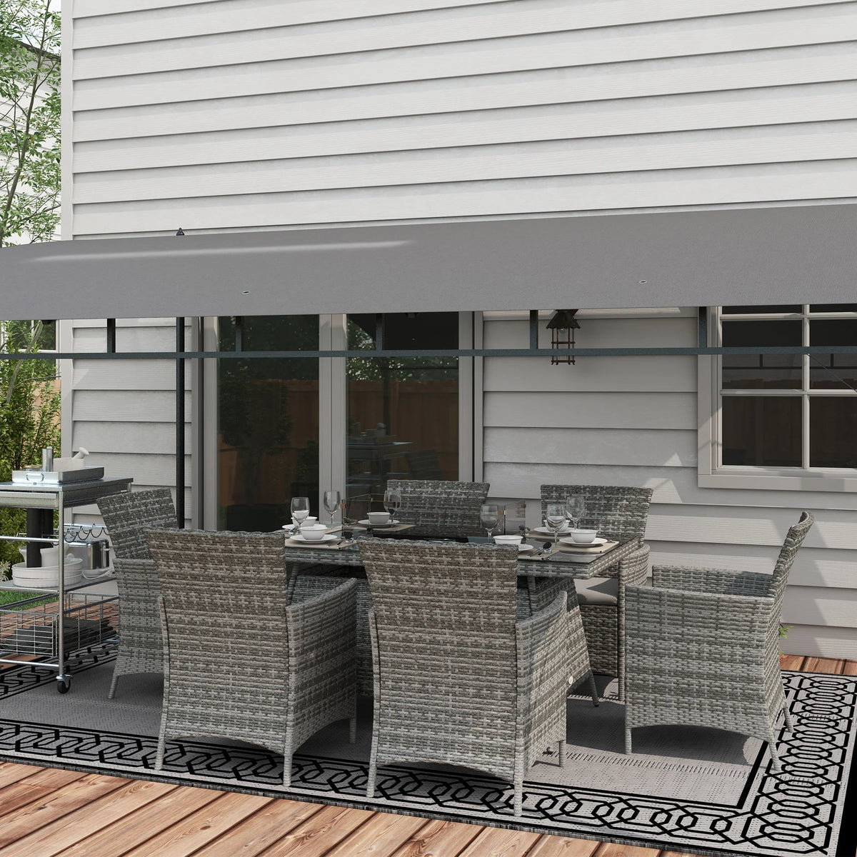 Rattan Garden Dining Set with Fire Pit Table & 6 Armchairs, Grey