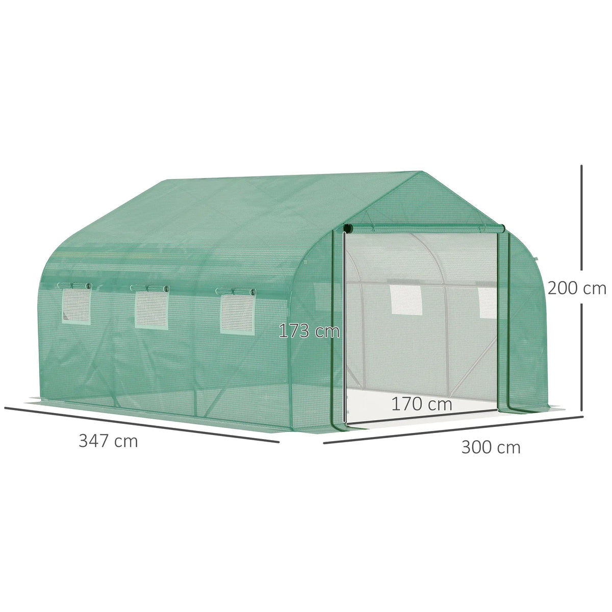 Walk-in Polytunnel Greenhouse with Roll-Up Door and 6 Windows, 3.5 x 3 x 2m, Green