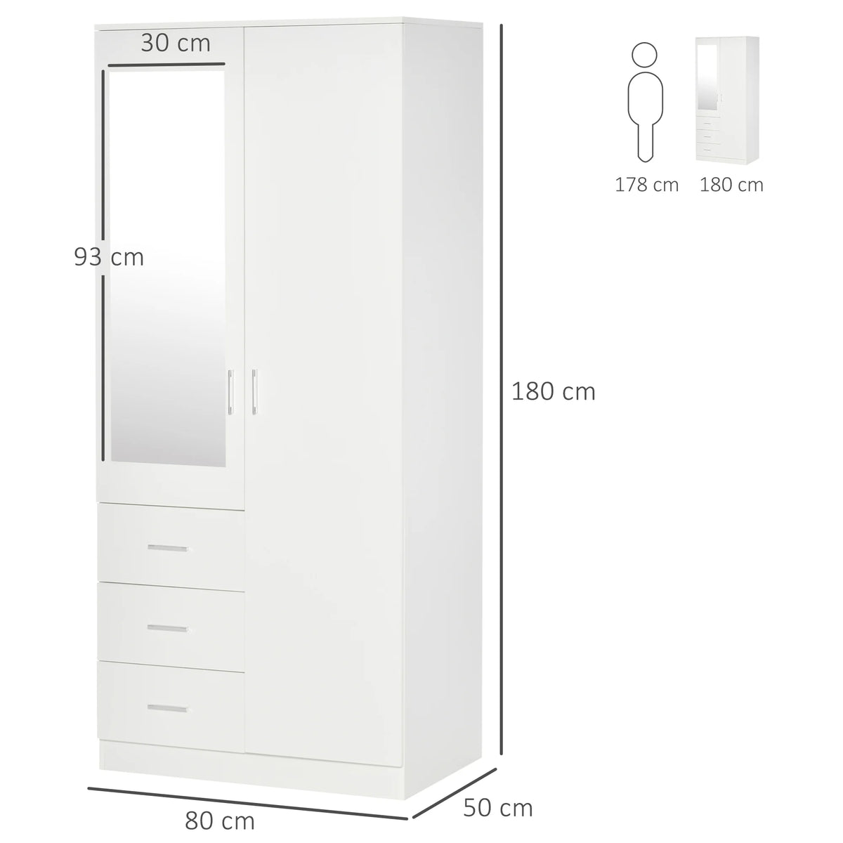 2 Door Wardrobe with Mirror, 3 Drawers and Adjustable Shelves, 80 x 50 x 180 cm, White
