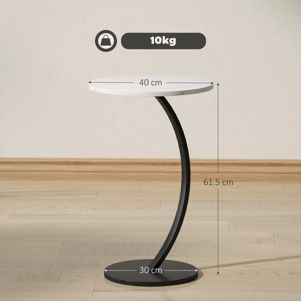 C-Shaped Round Side Table with Marble-Effect Top, White