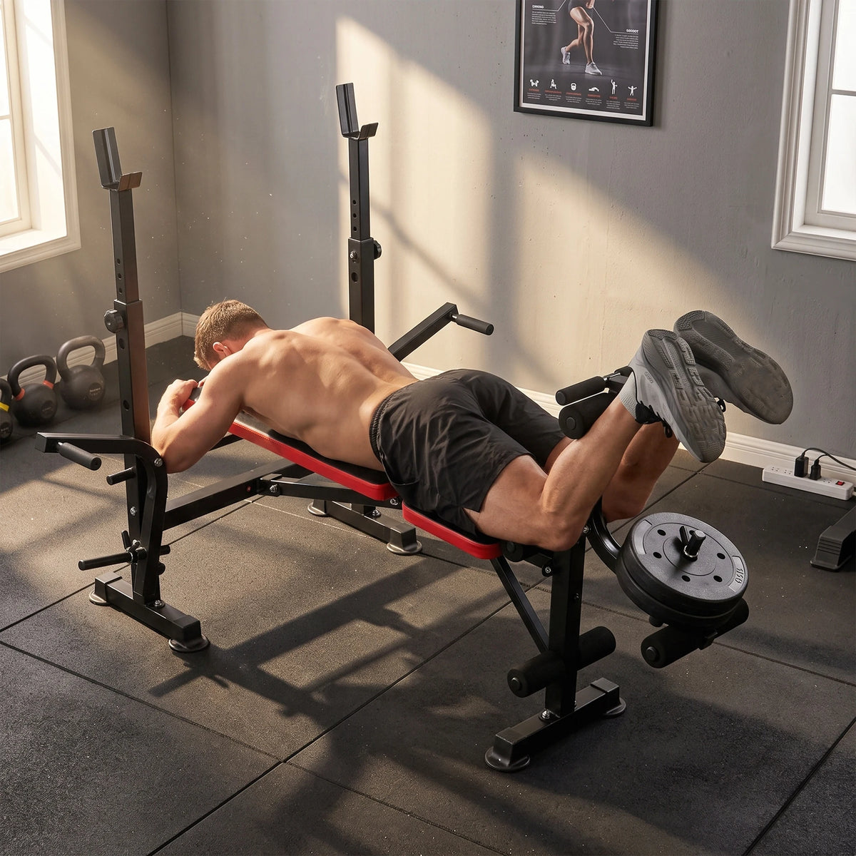 Adjustable Weight Bench with Squat Rack, Leg Extension and Butterfly Arms, Red