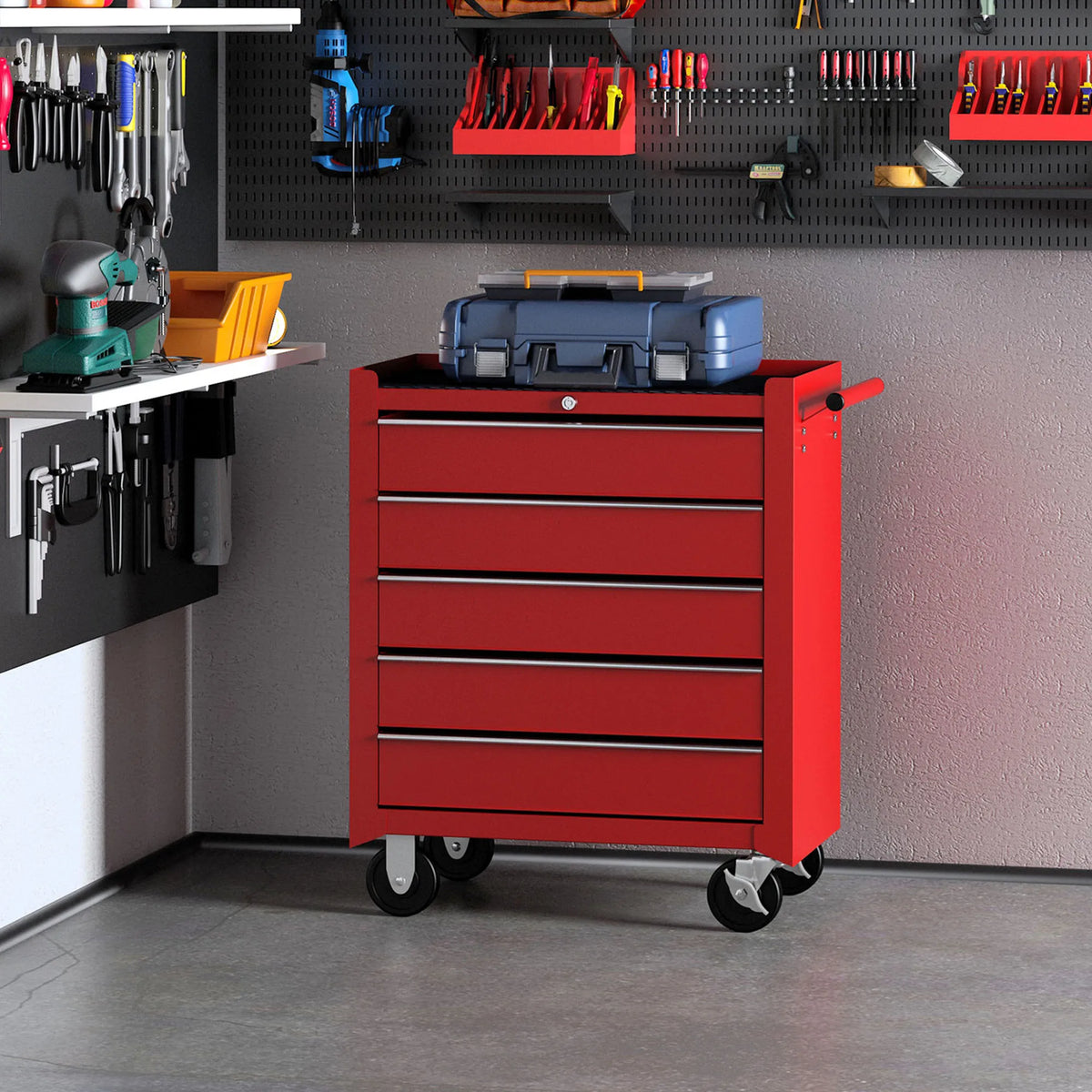 Tool Trolley with 5 Drawers Powder Coated Steel Chest on 4 Wheels 2 Brakes Top Lock and EVA Mats Red