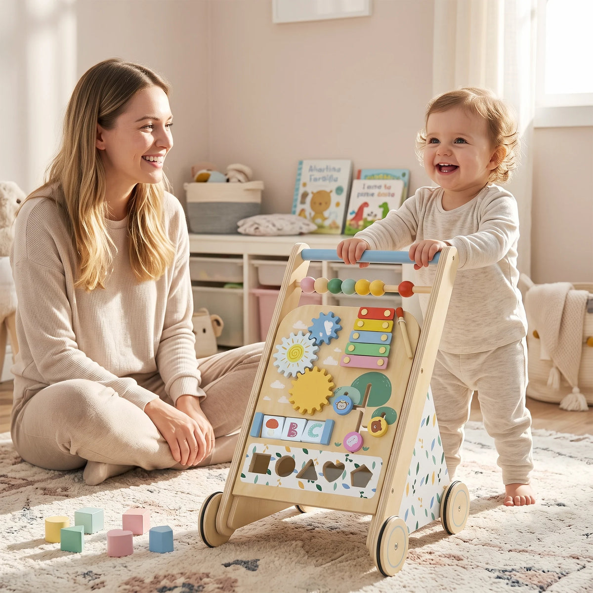 Wooden Baby Walker with Adjustable Wheel Speed, Activity Centre and 5 Blocks