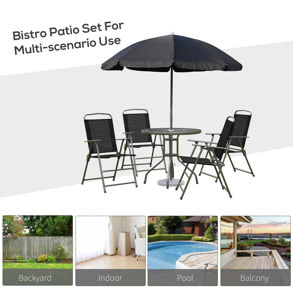 6 Piece Garden Dining Set with Parasol, Outdoor Patio Furniture with 4 Folding Chairs & Round Tempered Glass Table, Black