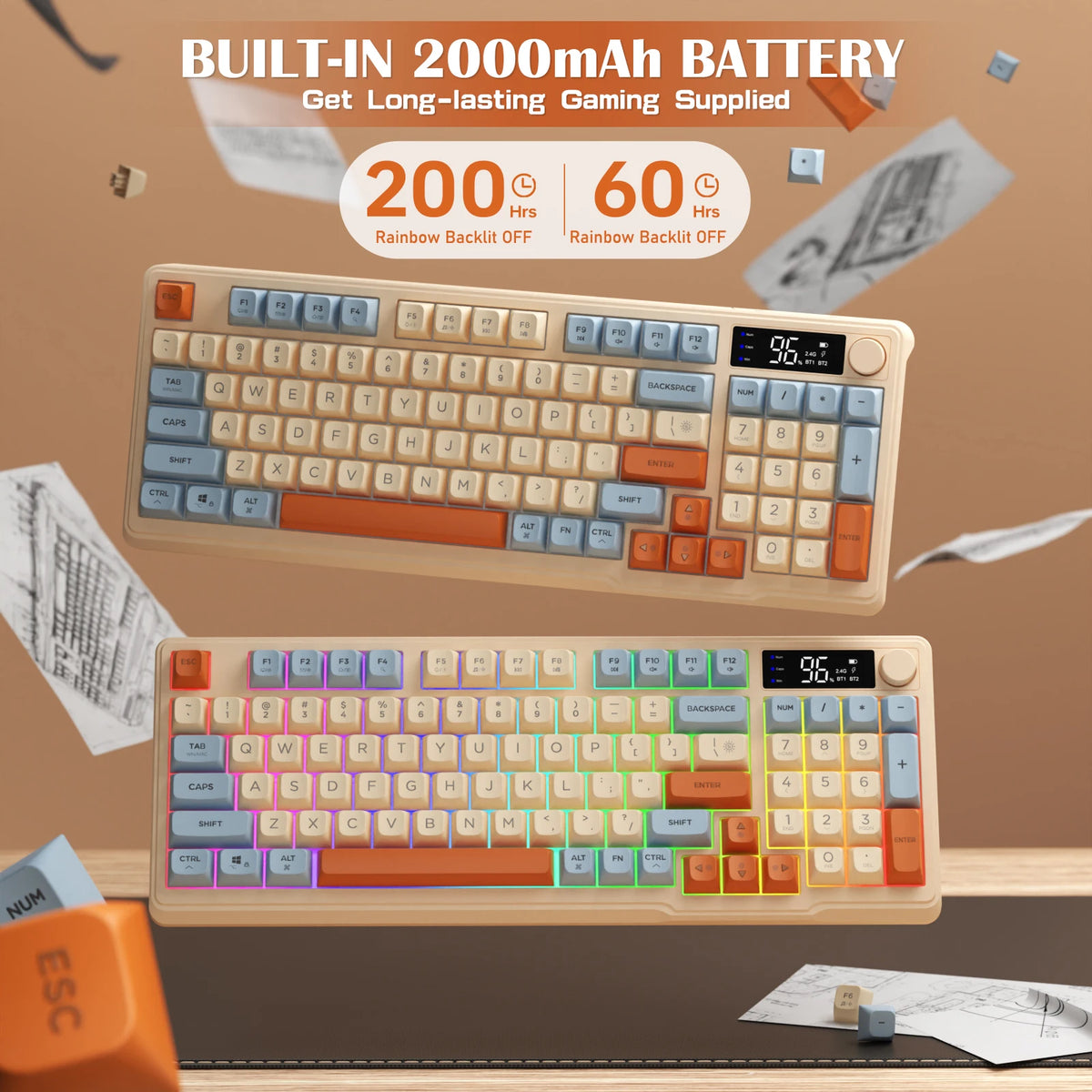Wireless Gaming Keyboard with Display Screen & Knob – 94 Keys, Bluetooth & 2.4GHz, Quiet Membrane