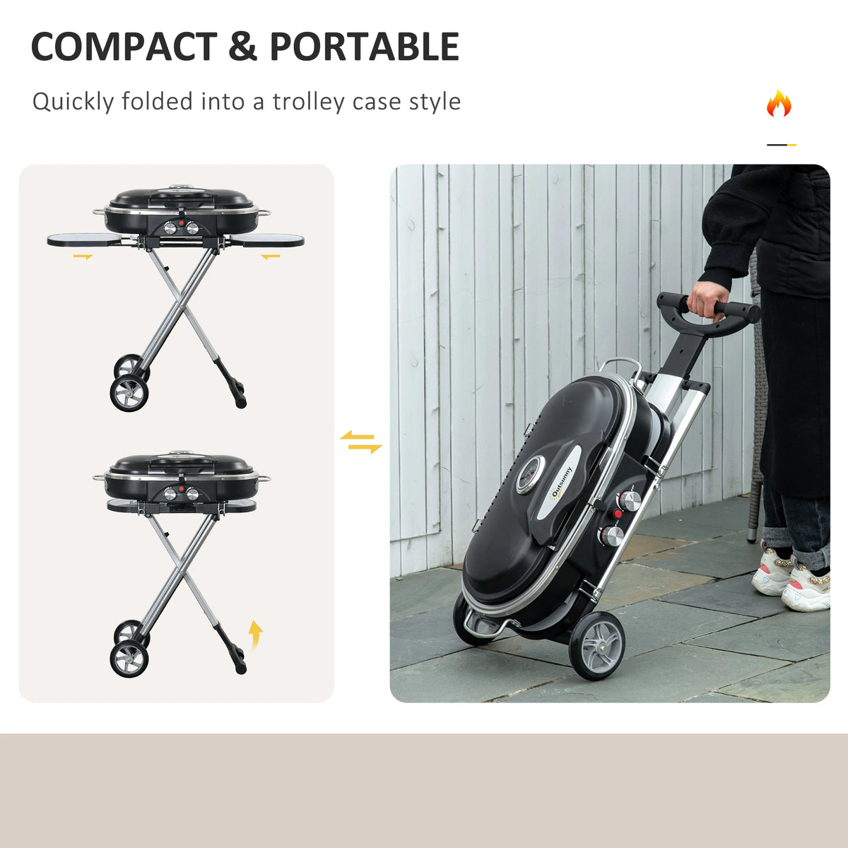 Foldable 2 Burner Gas BBQ Grill Trolley with Side Shelves Mesh Pocket Thermometer and Wheels