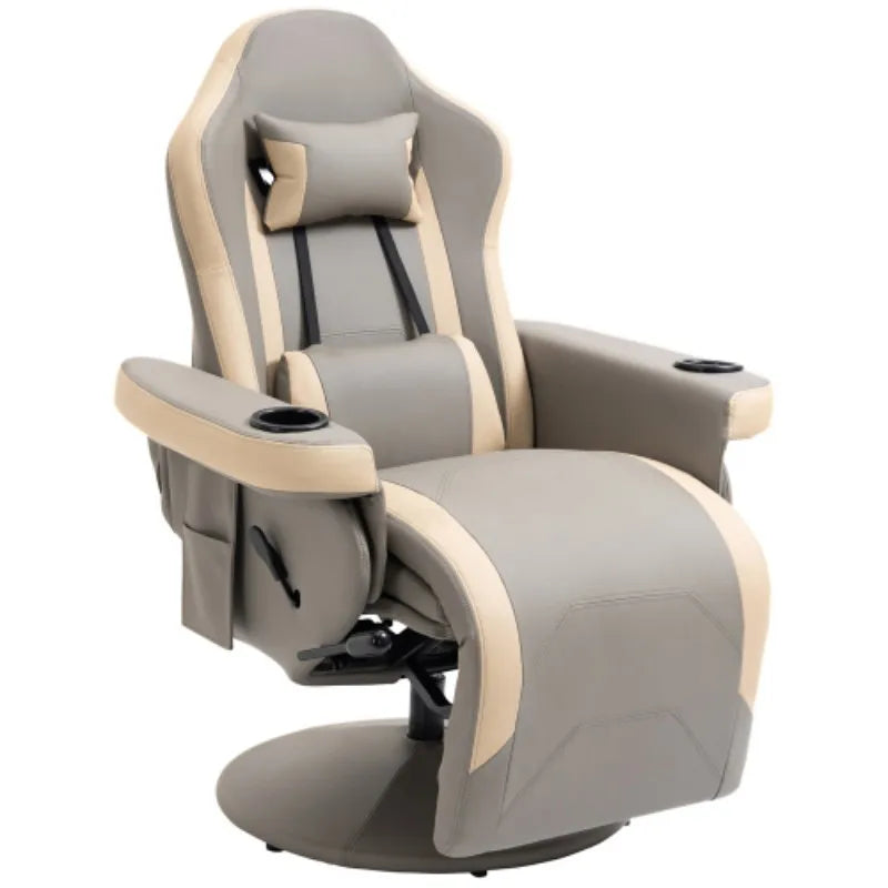 Grey PU Leather Manual Recliner Armchair with 135° Recline and 360° Swivel | Lounge Chair with Footrest and Cup Holder