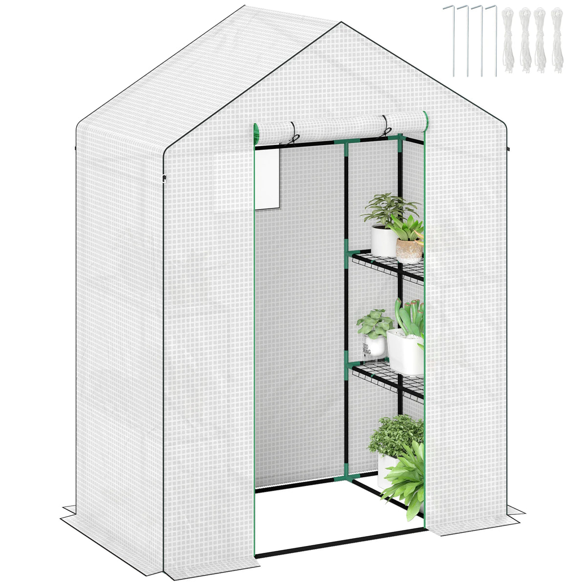 Walk-in Greenhouse with 8 Wire Shelves, Roll-Up Door, 143 x 74 x 190cm, White