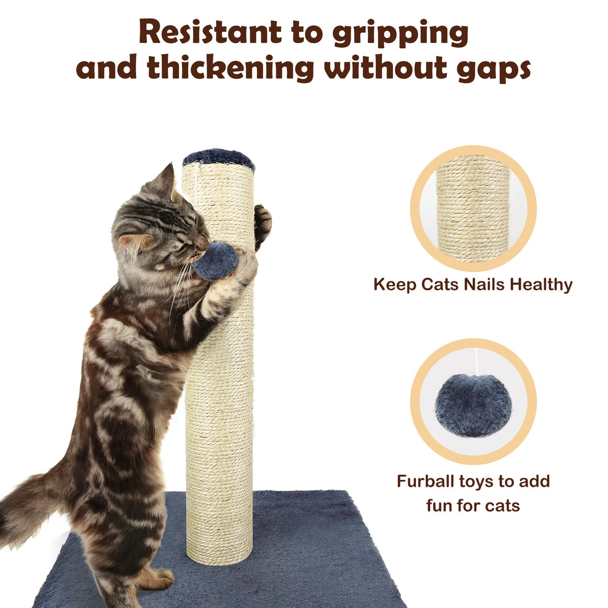 Cat Scratching Post 40cm with Hanging Ball Natural Sisal and Plush Fabric Reinforced Anti Tip Base