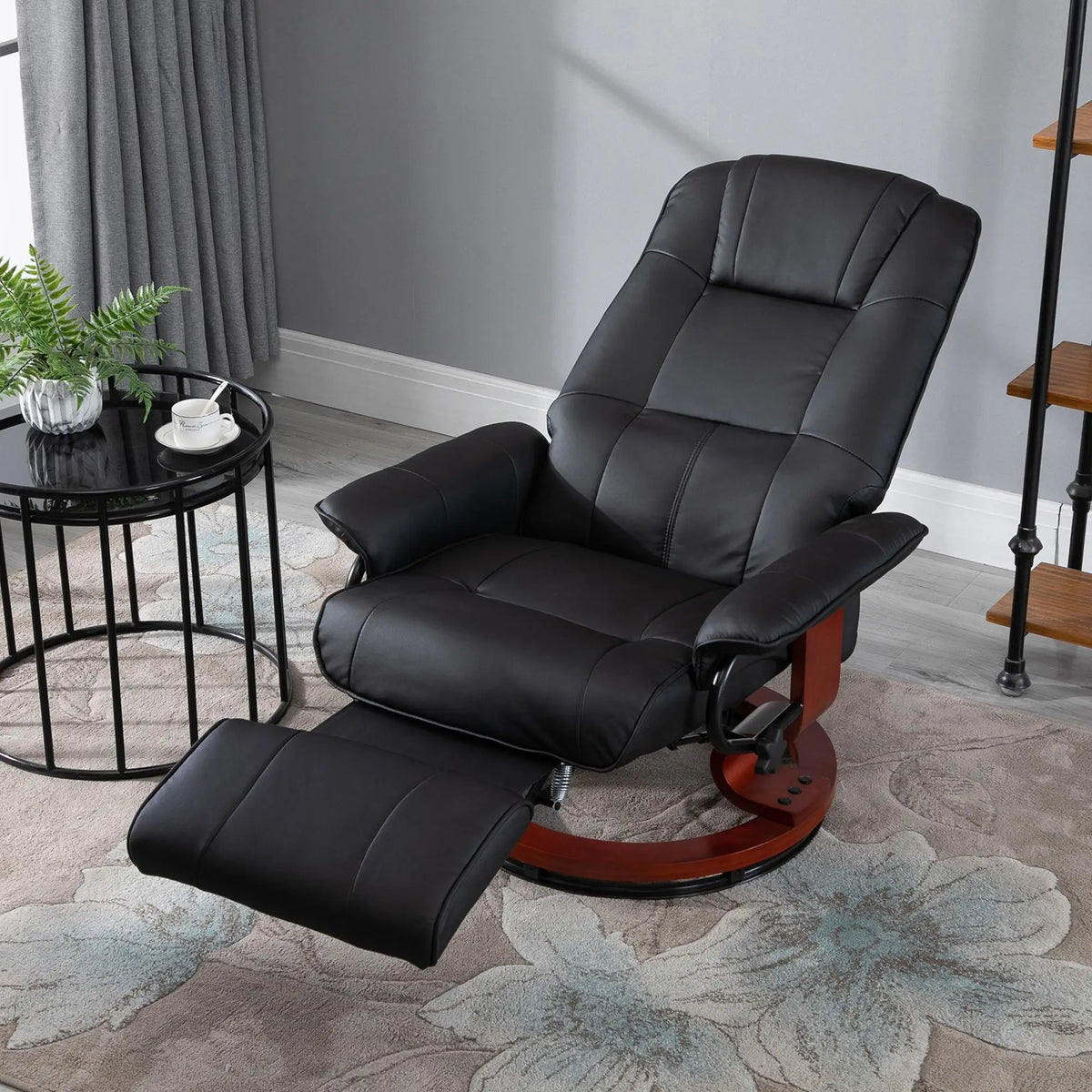 Swivel Recliner Armchair with Footrest and Wooden Base, PU Leather
