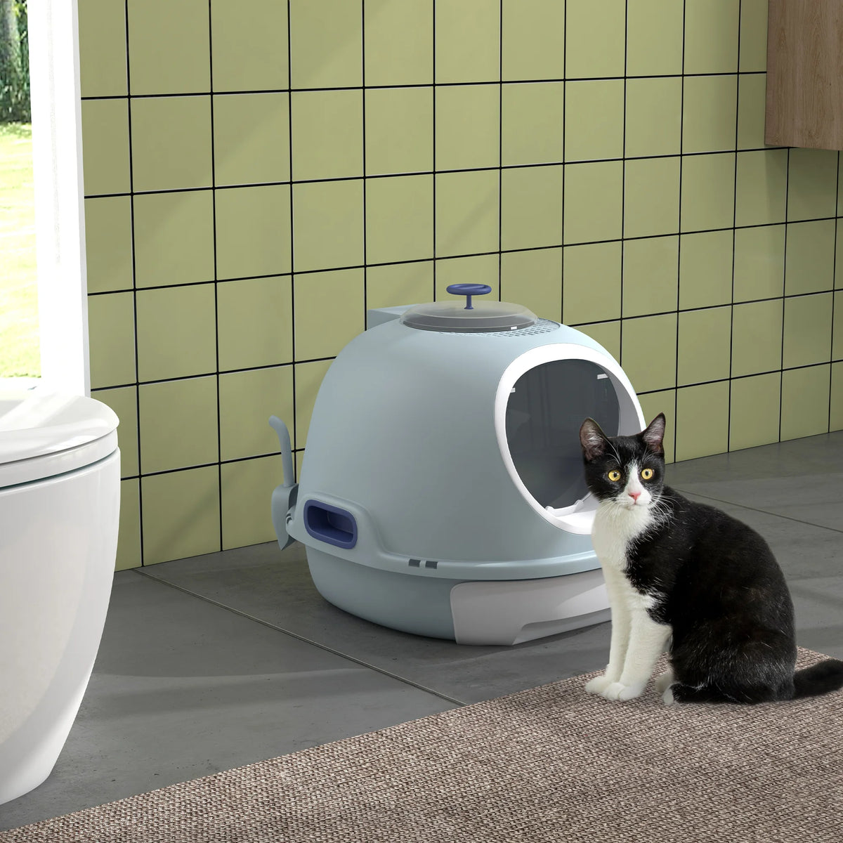 Capsule-Shaped Cat Litter Box with Front & Top Doors, Tile Blue