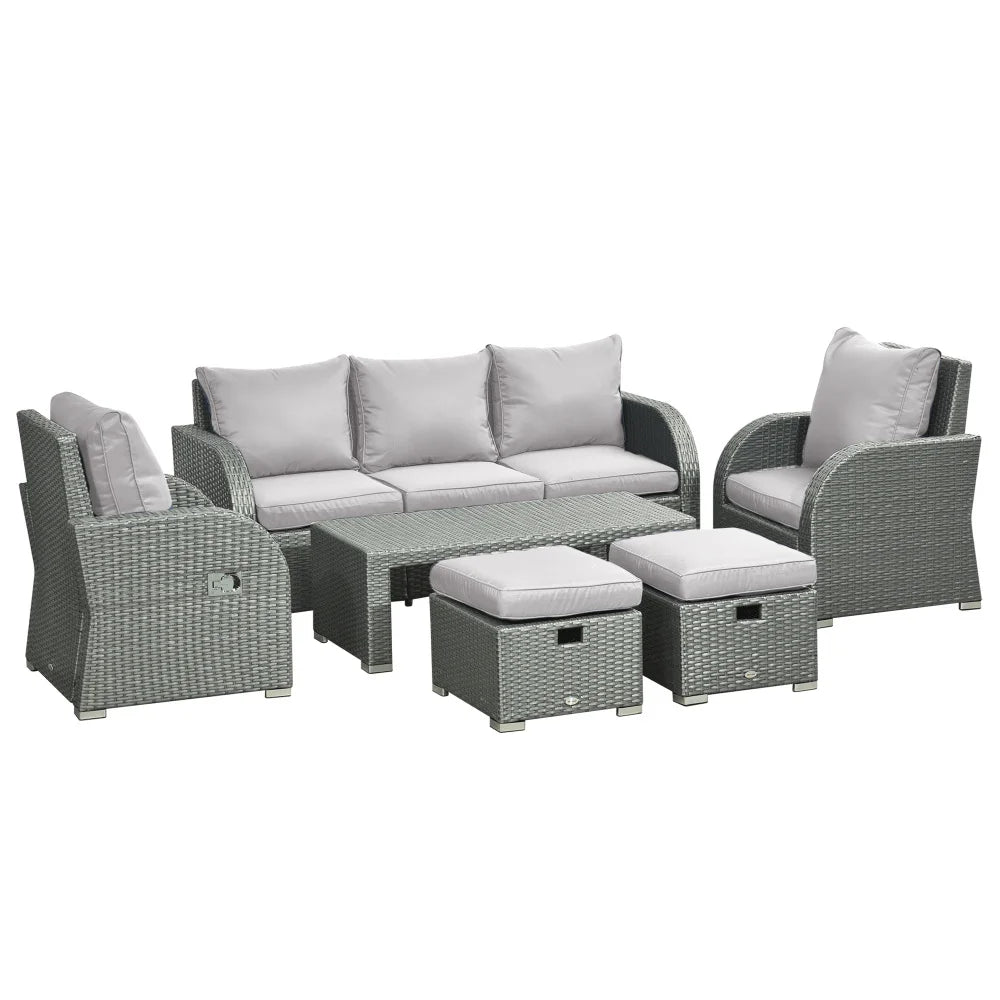 Six-Piece Rattan Dining Set with Reclining Armchairs and Metal Frame, Grey