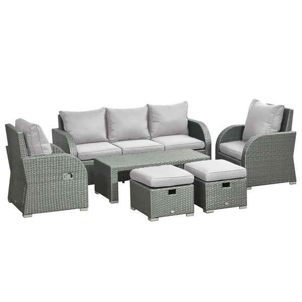 Six-Piece Rattan Dining Set with Reclining Armchairs and Metal Frame, Grey