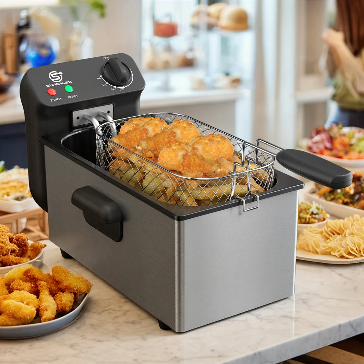 2000W Electric Deep Fryer 3L Stainless Steel with Adjustable Temperature 130-190°C Non-Stick Tank and Indicator Lights