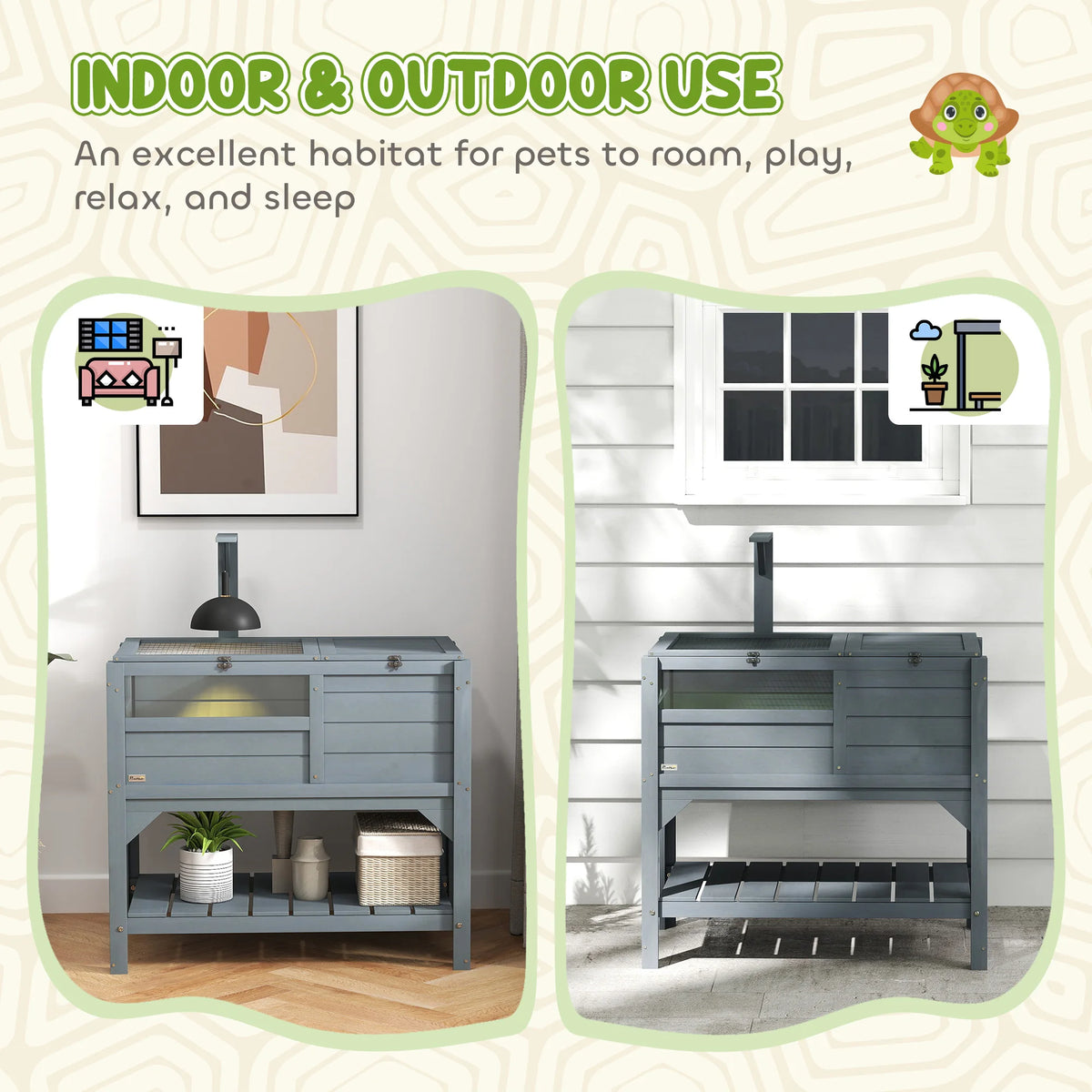 Wooden Tortoise House with Run, Shelter, Shelf & Lamp Holder, Grey
