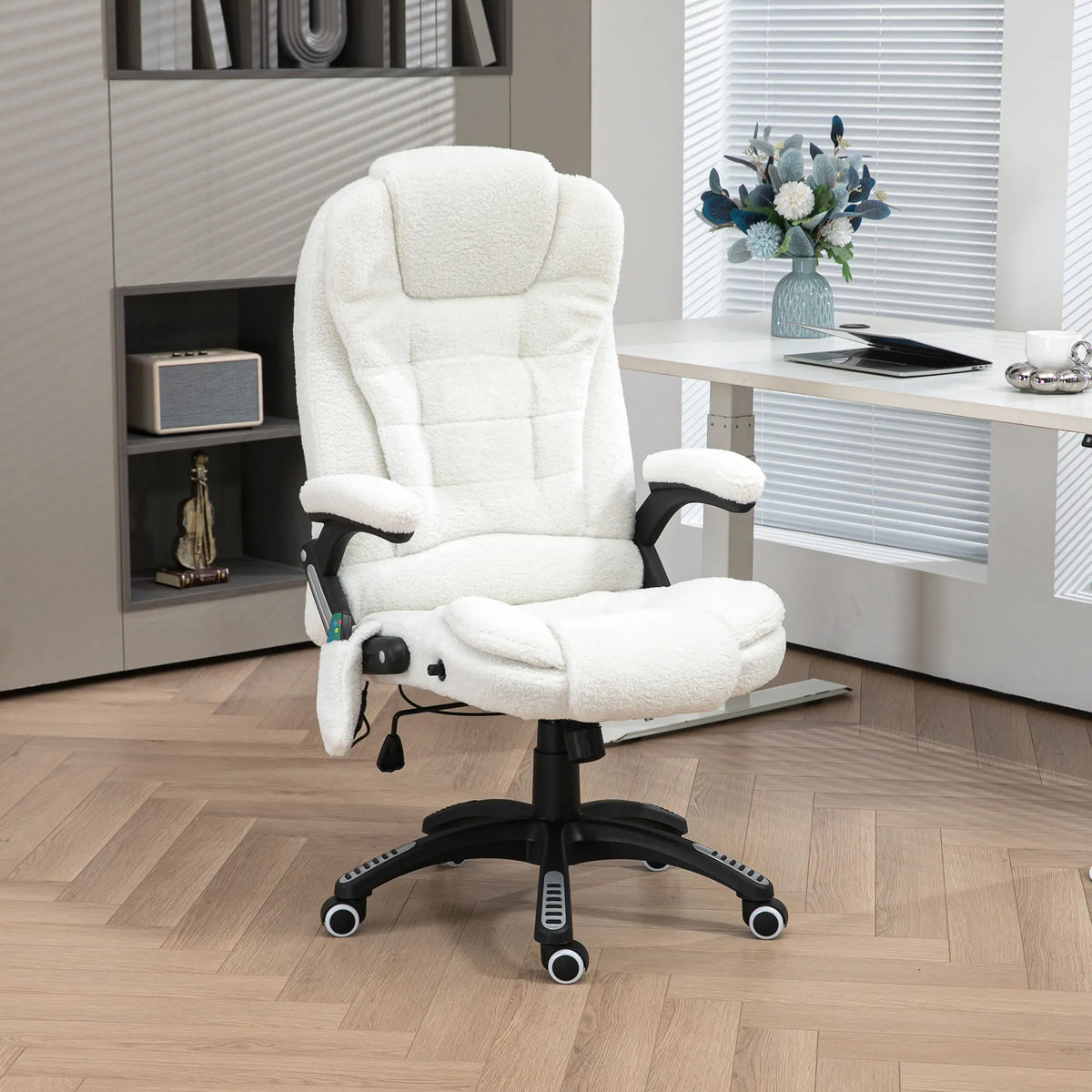 Reclining Massage Office Chair with Lumbar Heat and Remote, Boucle, White