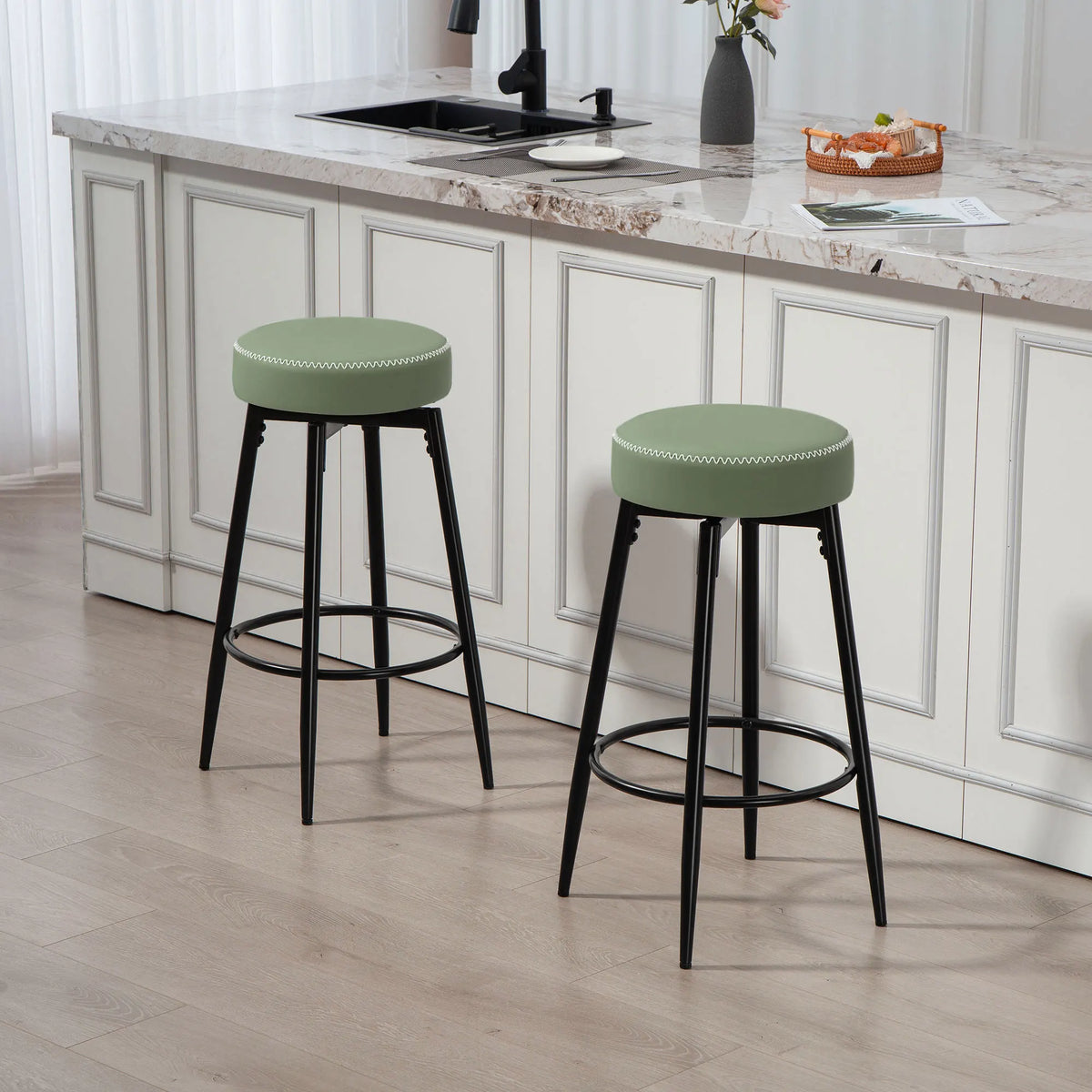 Swivel Bar Stools Set of 2, PU Leather Barstools with Footrest