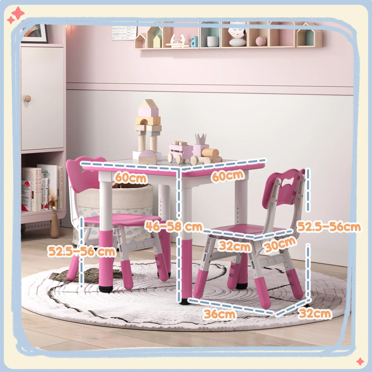 Kids Table and Chair Set, Height Adjustable, Easy to Wipe, Pink