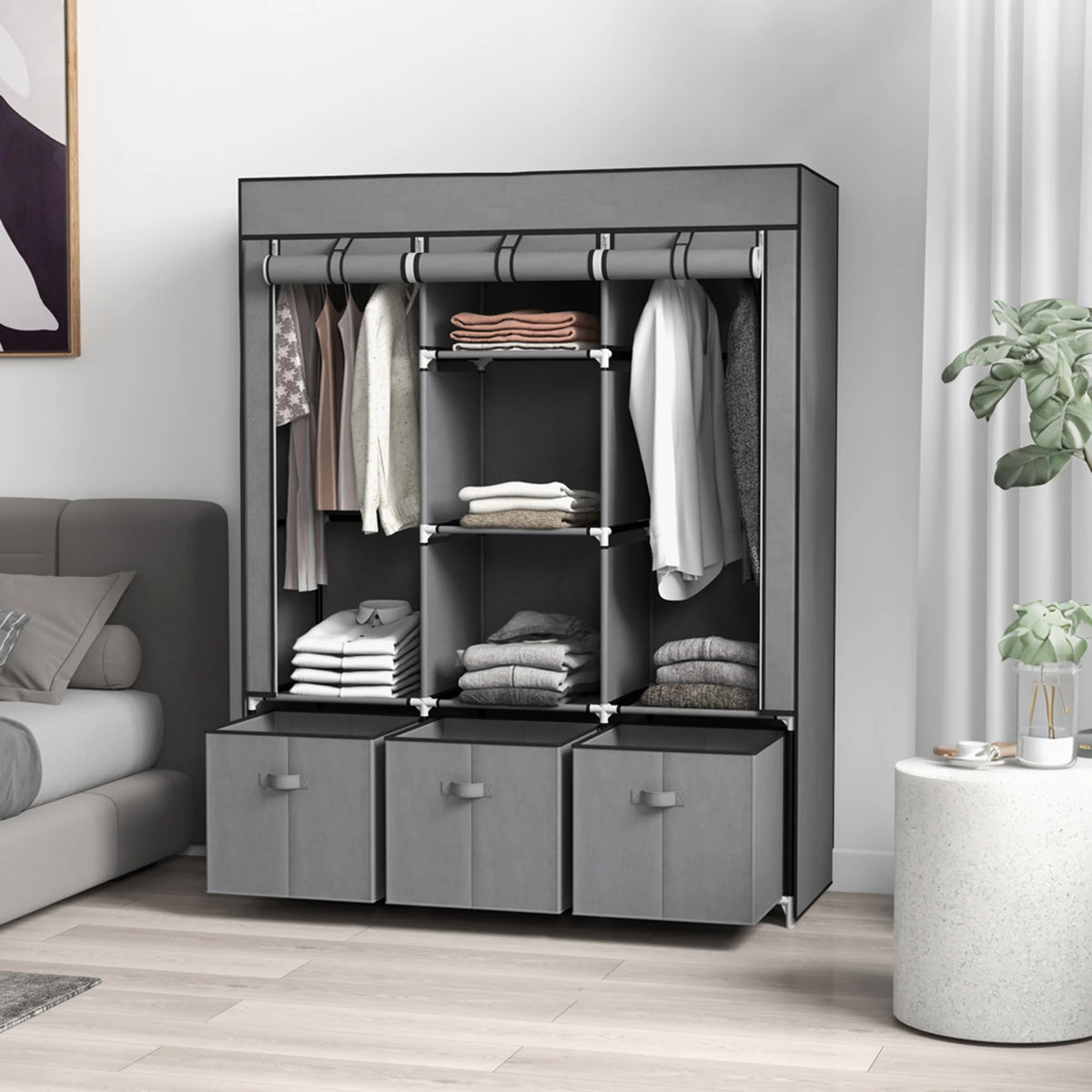 Portable Wardrobe with 5 Shelves, 3 Fabric Drawers and 2 Hanging Rails