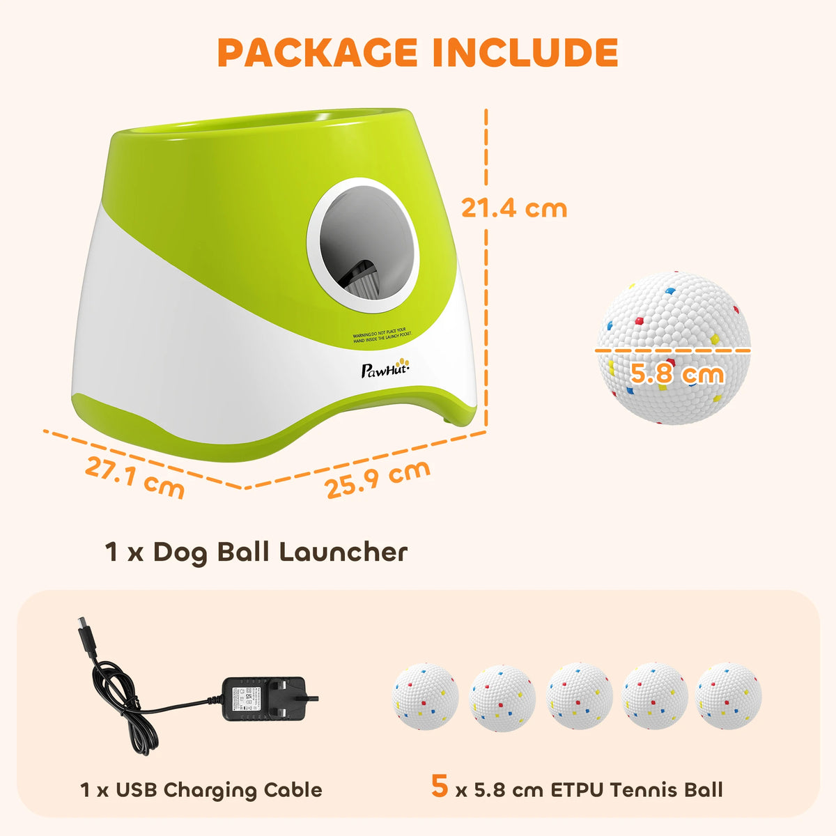 Automatic Dog Ball Launcher with 5 ETPU Balls 3 Distance Settings Rechargeable 25.9x27.1x21.4cm Green
