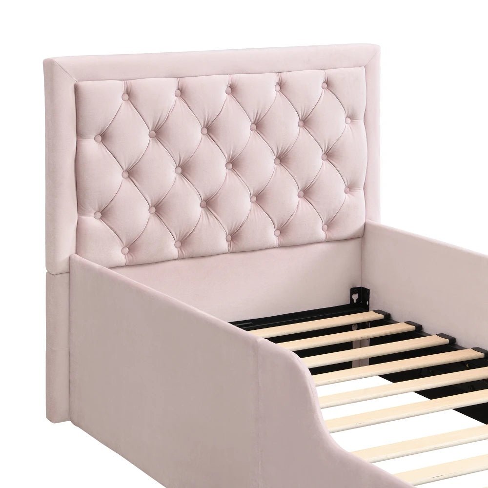 Upholstered Single Bed 3FT 90 x 190cm, Children's Hydraulic Storage Bed with Headboard, Pink Velvet