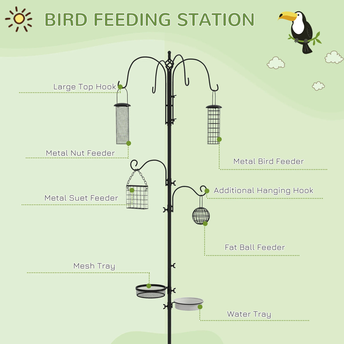 Bird Feeding Station Kit, Wild Bird Feeder Pole w/ 6 Hooks, 4 Prong Bases