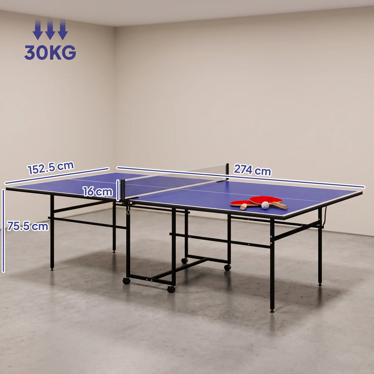 9ft Full-Size Folding Table Tennis Table on Wheels with Net, Bats and Balls, Blue