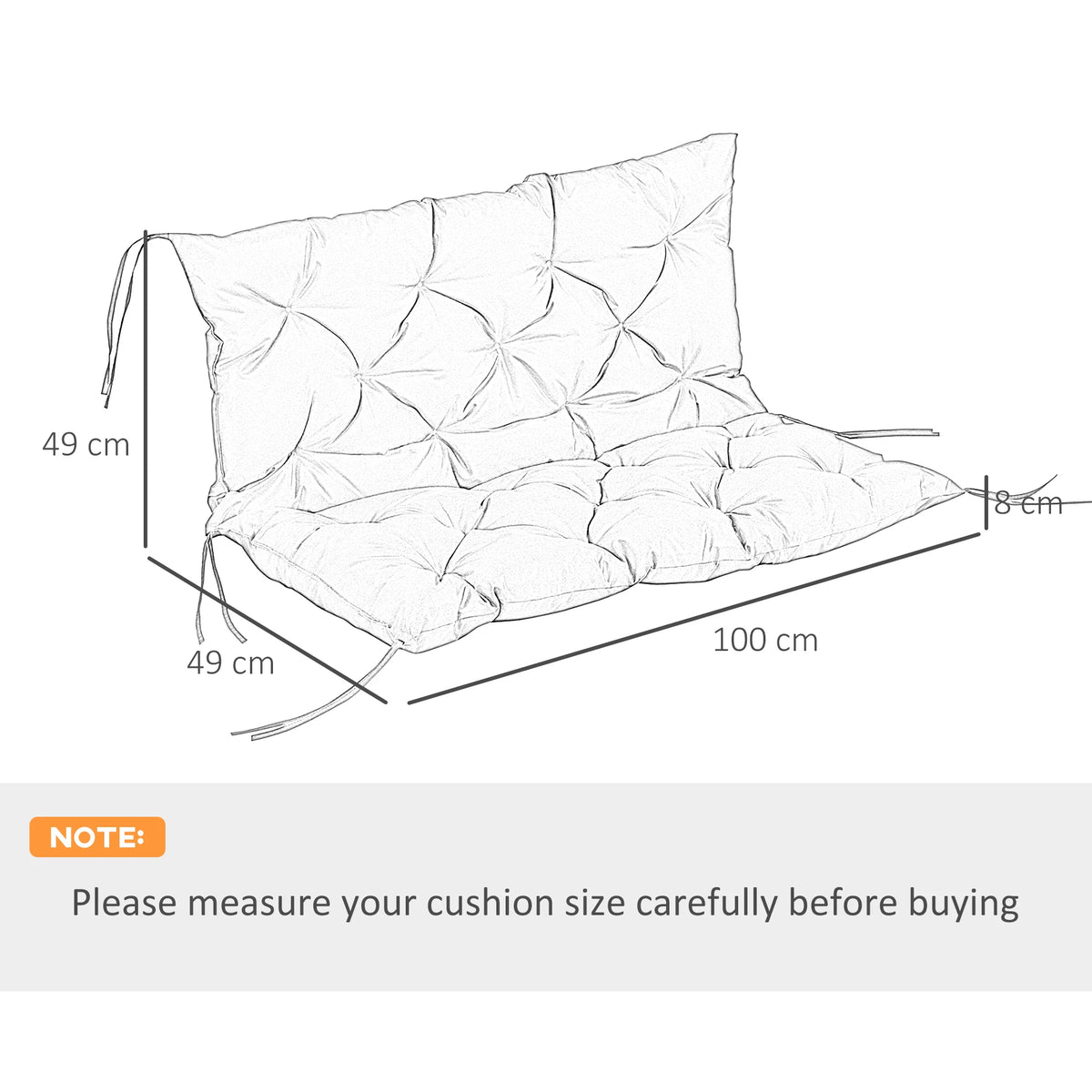 2 Seater Garden Bench Cushion, Outdoor Seat Pad with Ties, Black