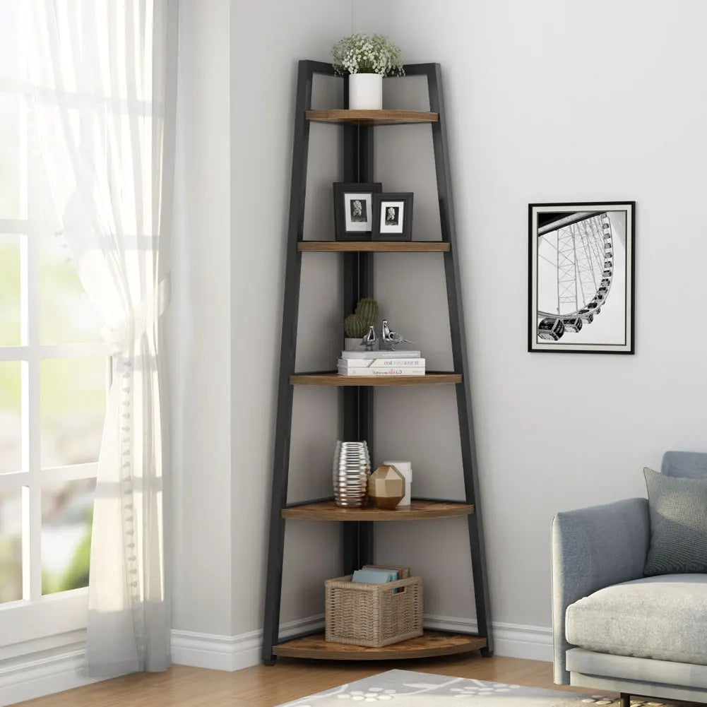 5-Tier Retro Corner Bookshelf 70 Inch | Wood and Iron Freestanding Corner Ladder Shelf Display Rack