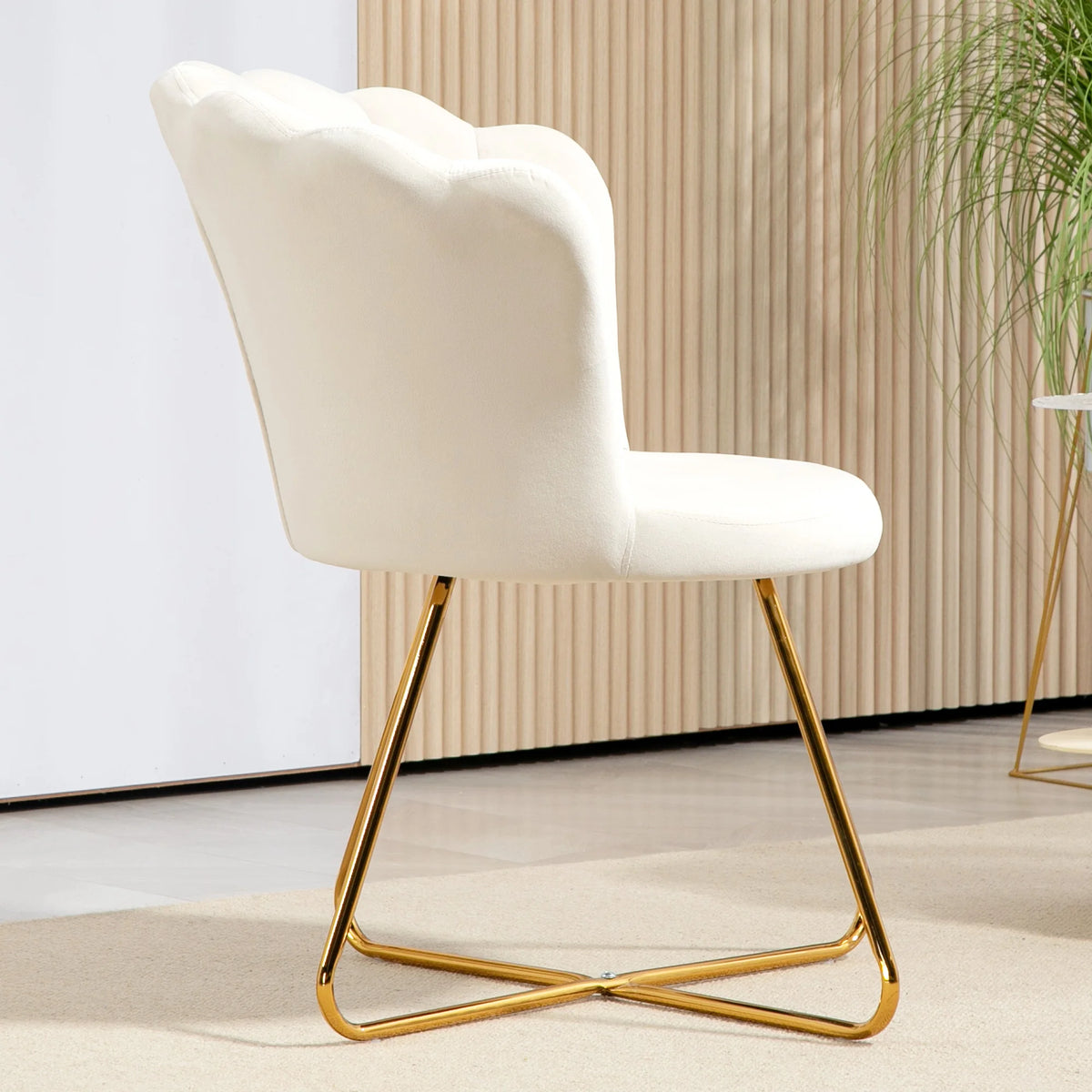 Accent Armchair with Lotus Petal Backrest Velvet Feel Upholstery Powder Coated Steel Legs High Back Cream