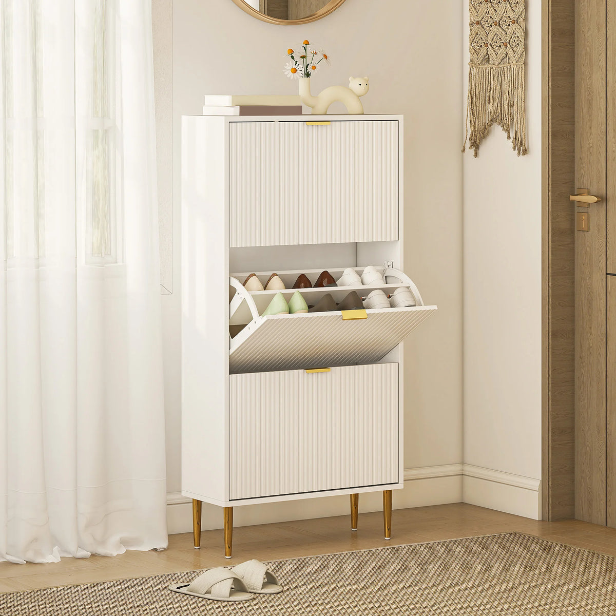 Slim Shoe Cabinet for 18 Pairs with 3 Flip Drawers Fluted Panel Doors Gold Tone Handles Adjustable Shelves White