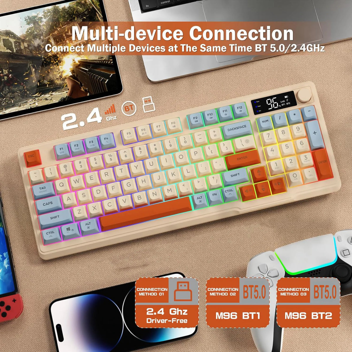 Wireless Gaming Keyboard with Display Screen & Knob – 94 Keys, Bluetooth & 2.4GHz, Quiet Membrane