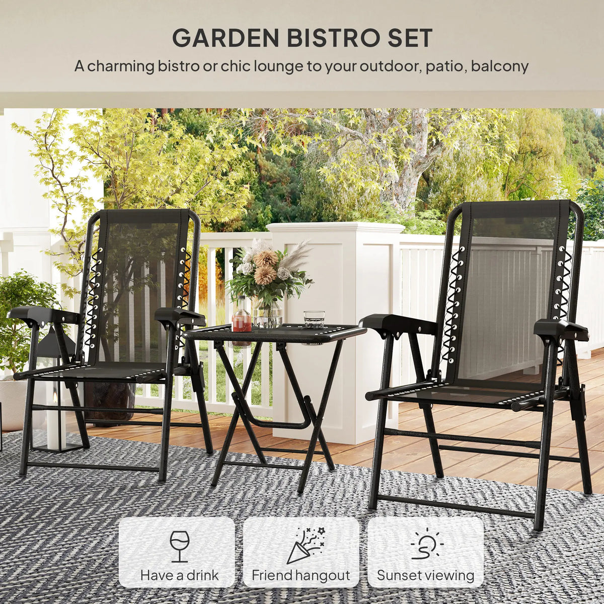 3 Piece Garden Bistro Set, Folding Table and Chairs with Cup Holders, Dark Grey