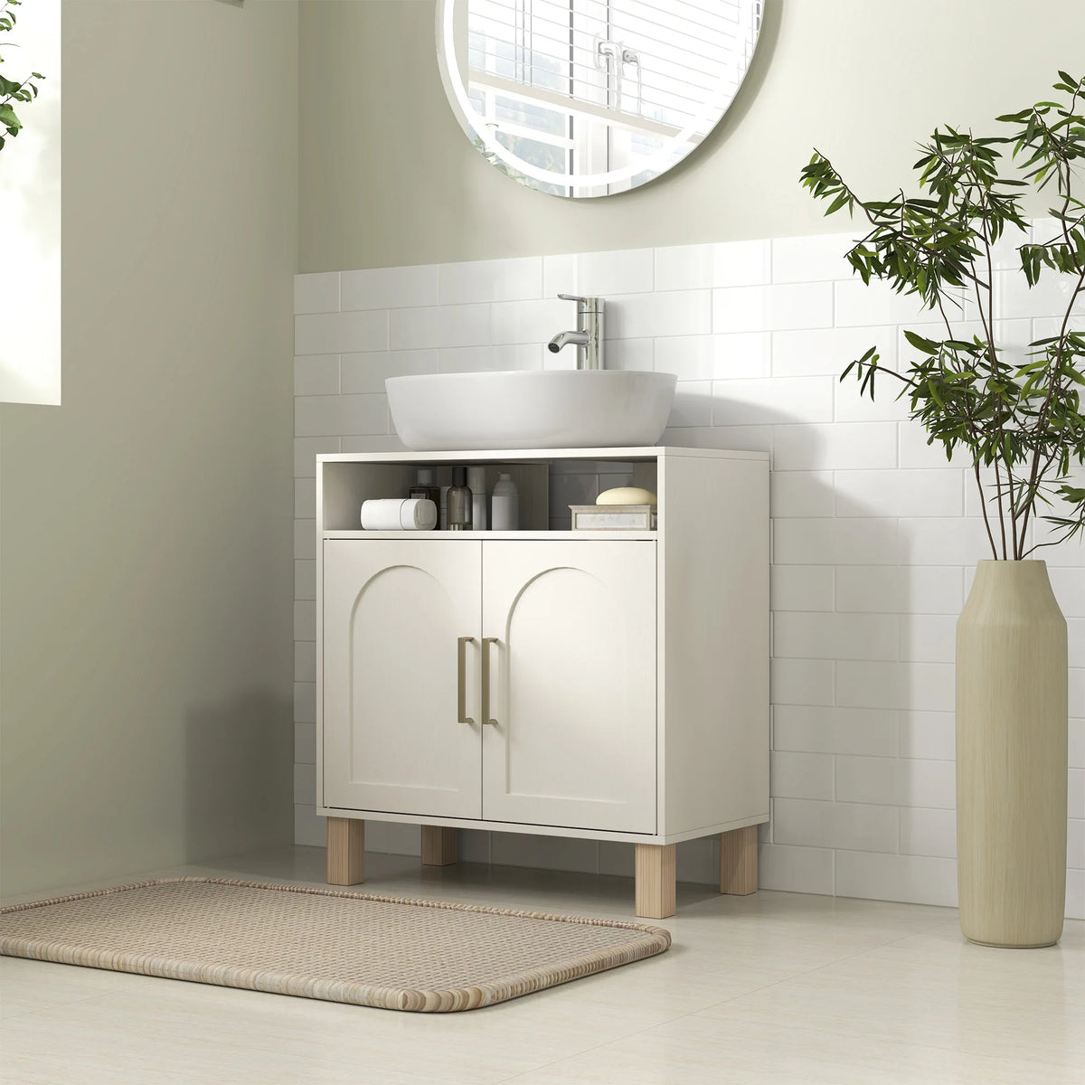 Under Sink Bathroom Cabinet with Adjustable Shelf and U-Shaped Cut-Out, 60 x 30 x 63 cm, Cream White