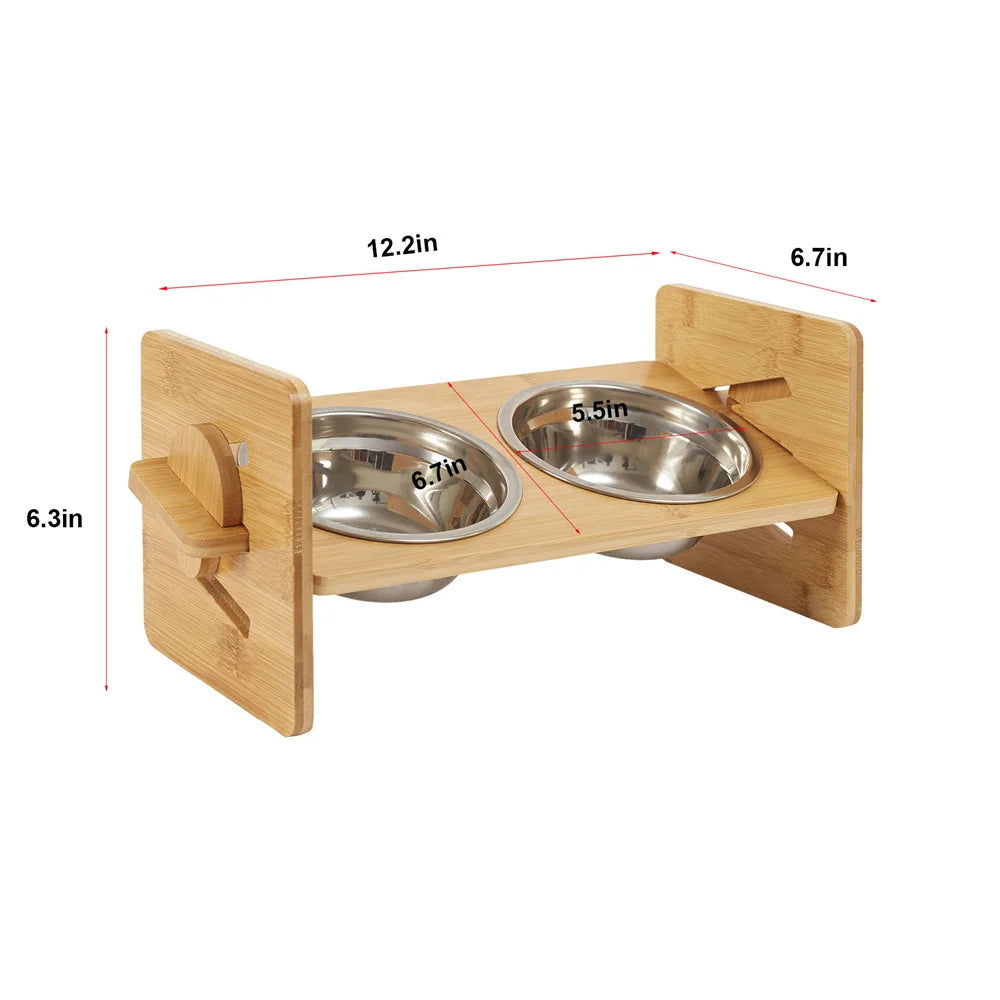 Elevated Dog Bowls with Bamboo Stand 4 Height Adjustable 2 x 380ml Stainless Steel Bowls 31x17x16cm
